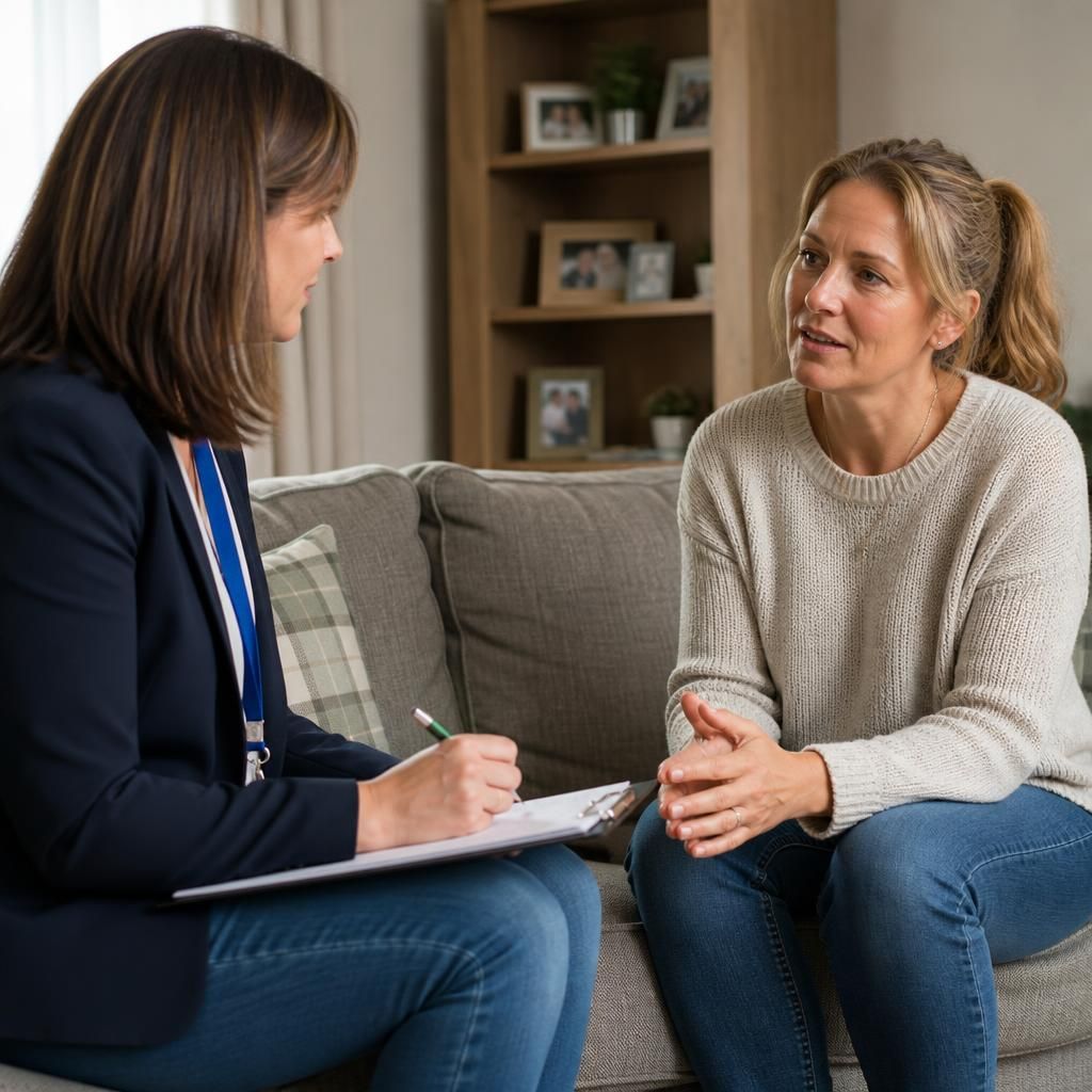 Foster carer speaking with an assessor during a home visit