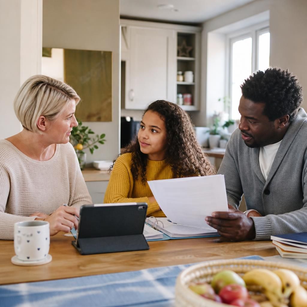 Foster carers reviewing a respite care plan with a child at the kitchen table