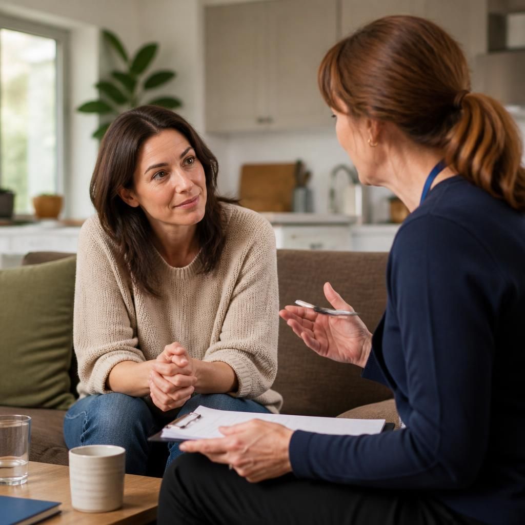 Single foster carer speaking with a fostering professional at home