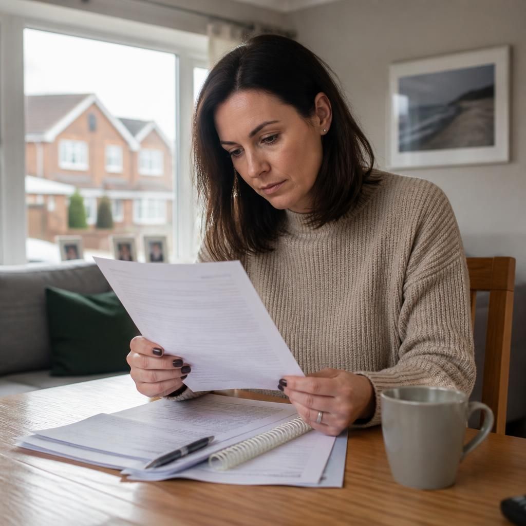 Tenant reviewing a tenancy agreement beside a rented family home