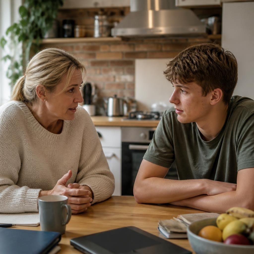 Foster carer and teenager talking together at a kitchen table