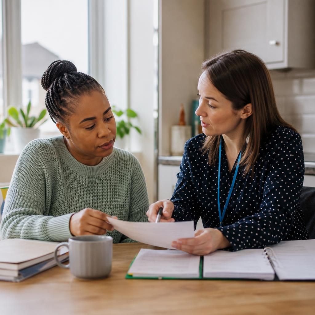 Foster carer and social worker reviewing a child's medical care plan at a table