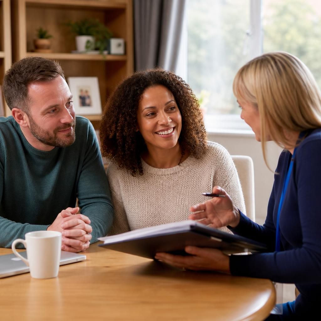 Foster carers discussing household routines with a fostering adviser