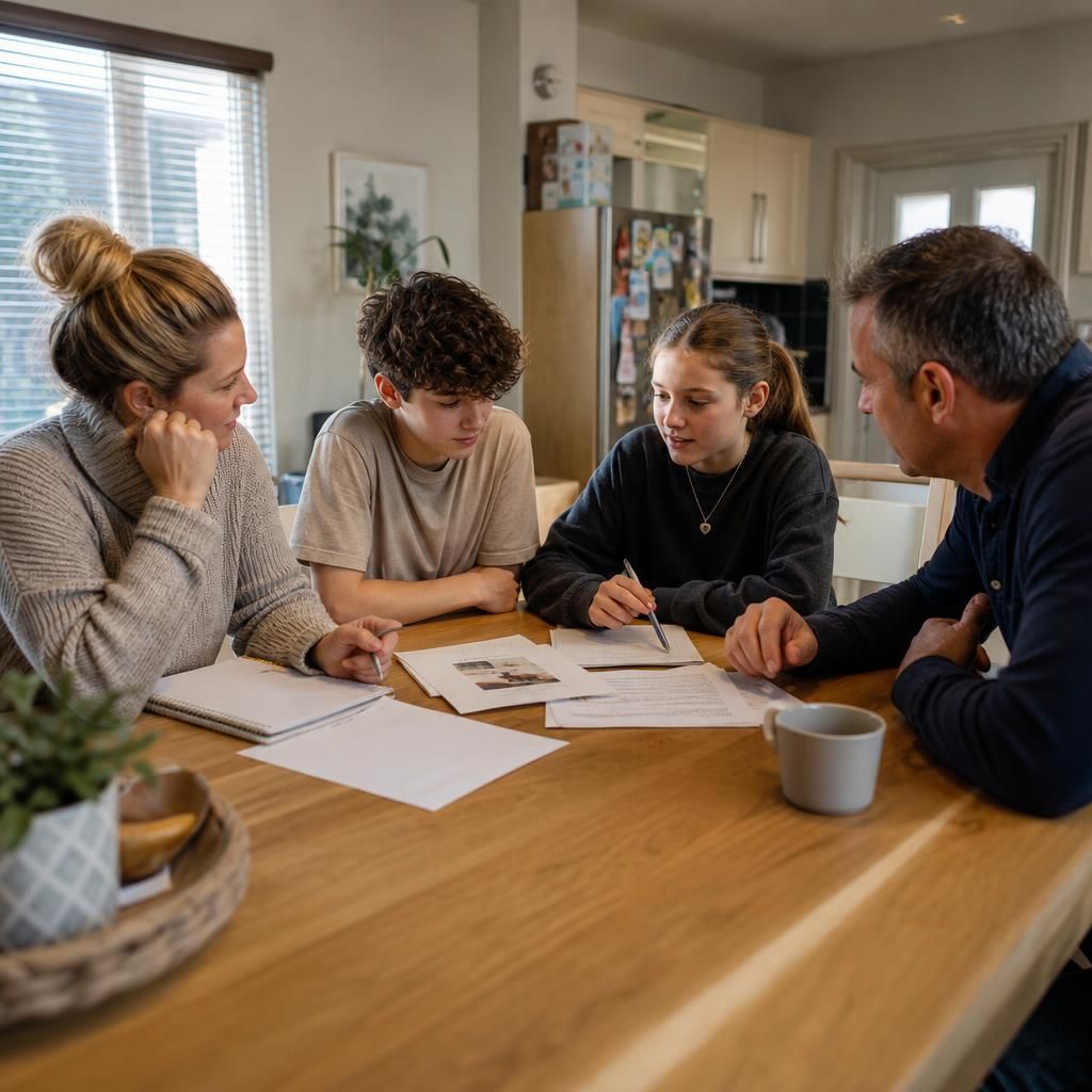 Family members discussing plans around a kitchen table