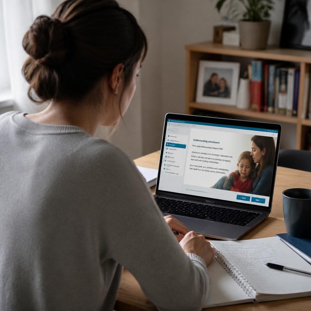 Learner completing an online foster care training module on a laptop