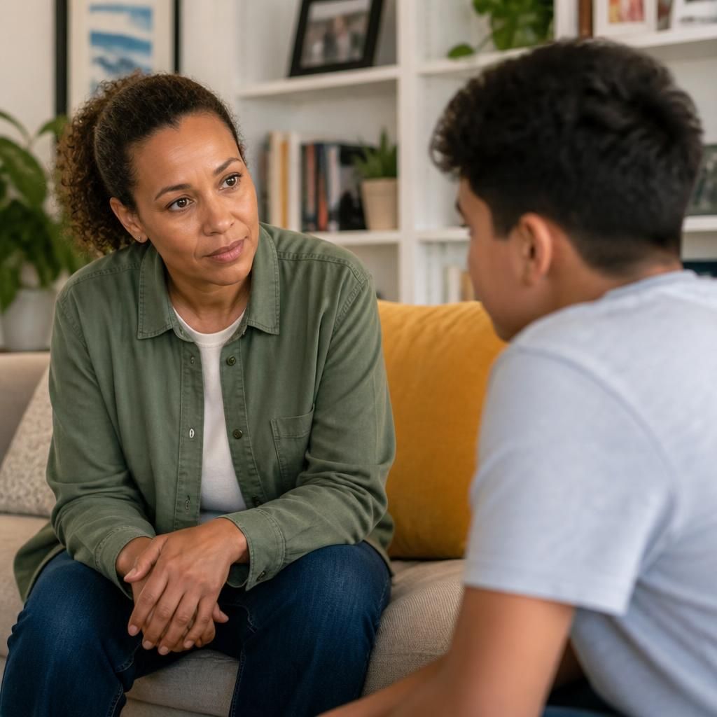 Adult listening attentively to a young person at home