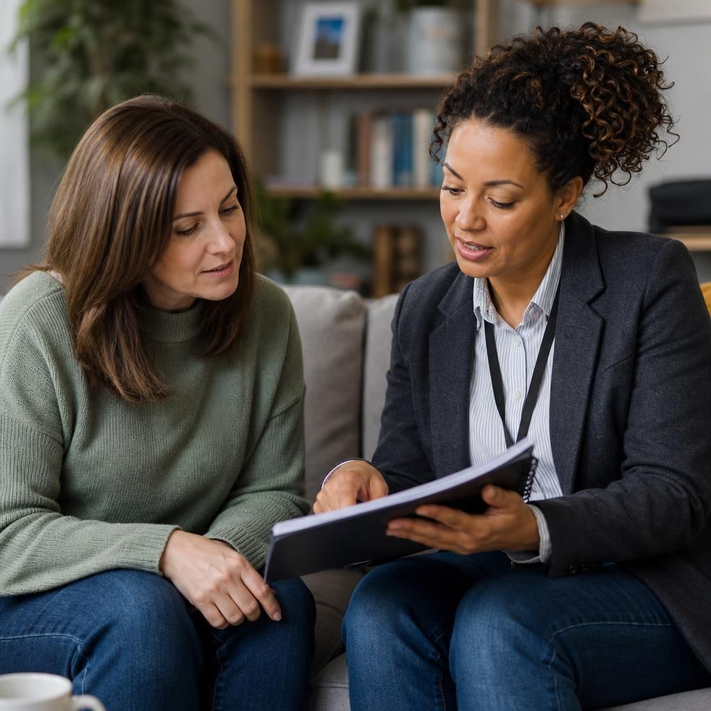 Prospective foster carer discussing training notes with a social worker