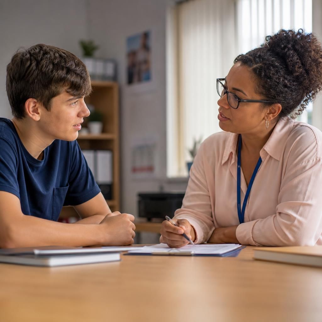 Young person speaking with a care professional at a table with a care plan