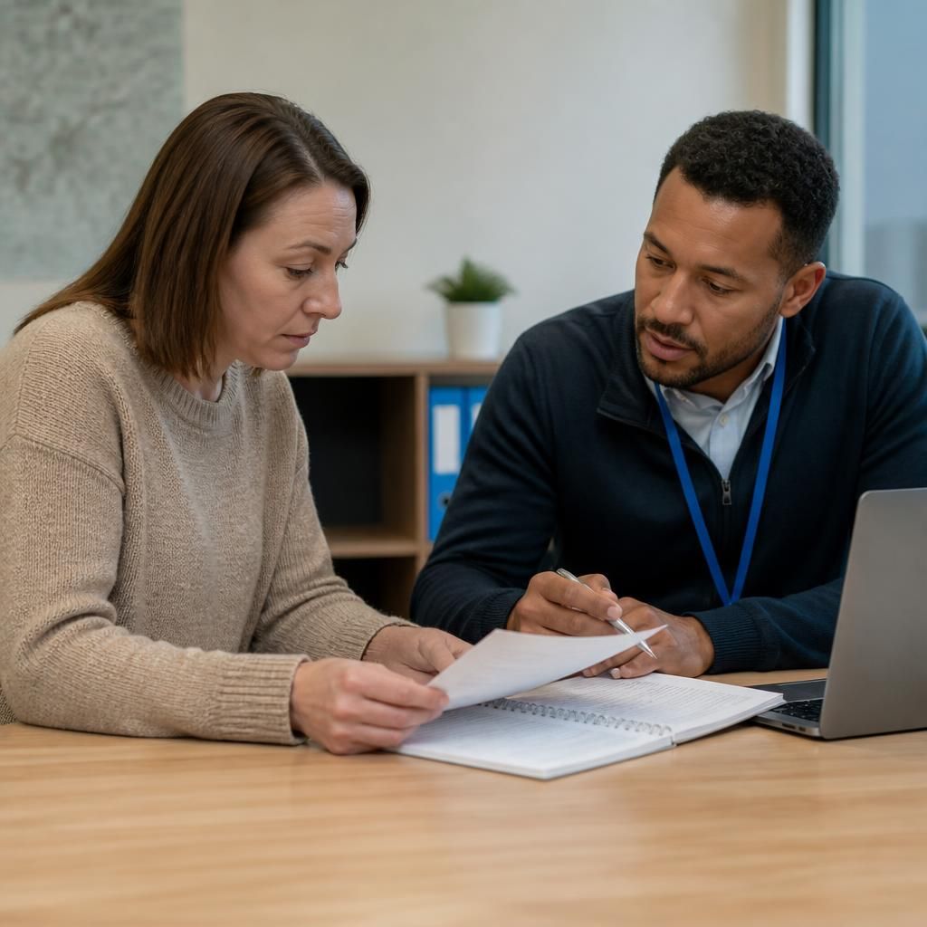 Foster carer reviewing Universal Credit paperwork with a work coach