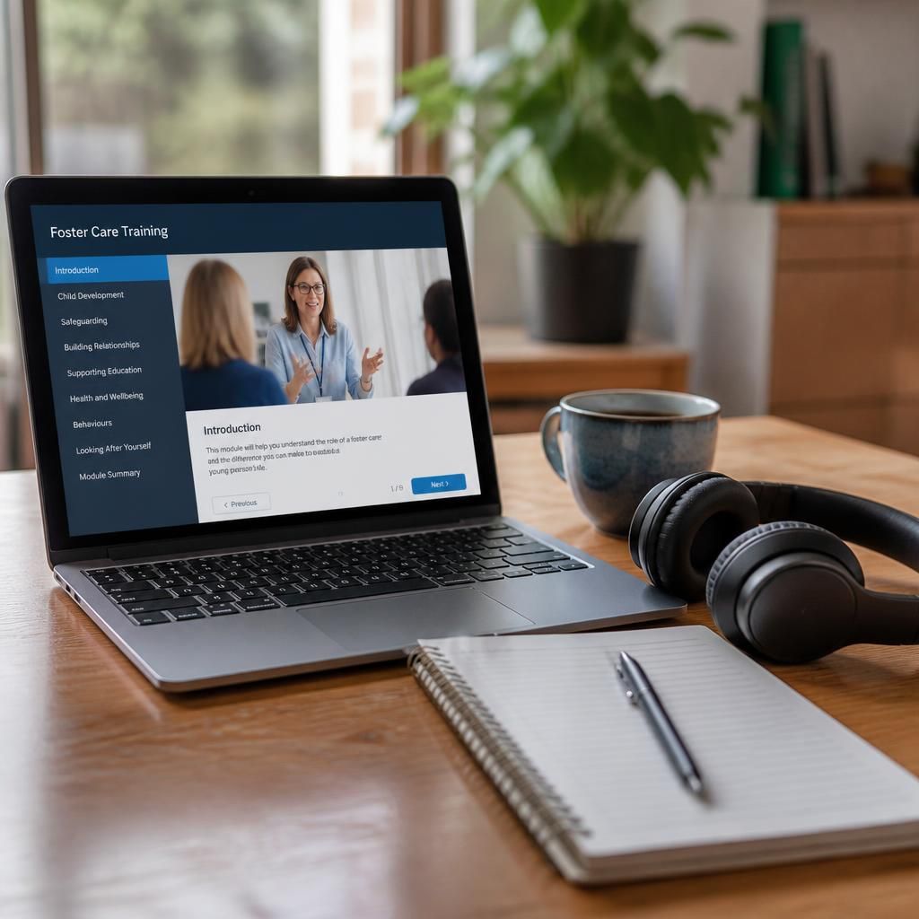 Laptop displaying an online training course beside headphones and a notebook