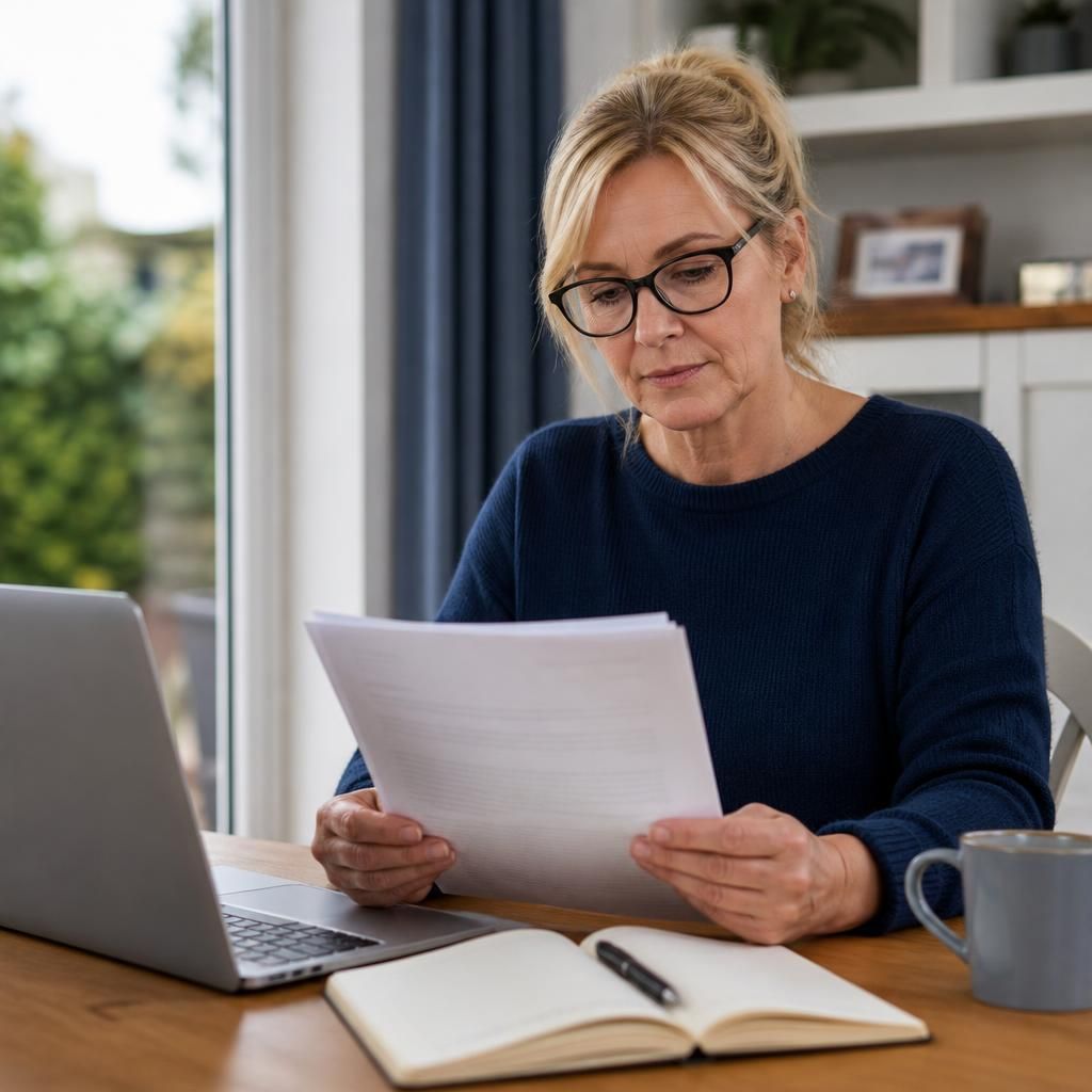 Foster carer reading a printed report beside a laptop and notebook