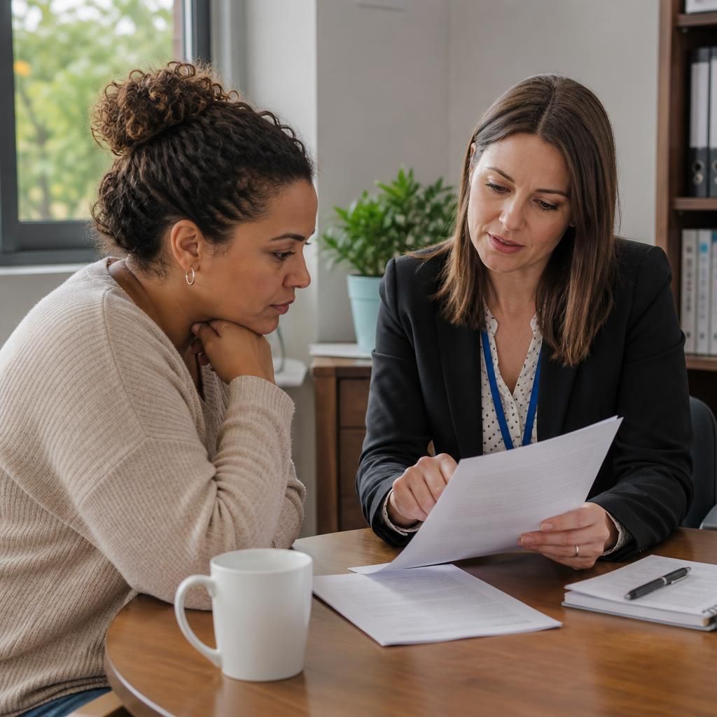 Guardian reviewing a written special guardianship allowance assessment with an adviser