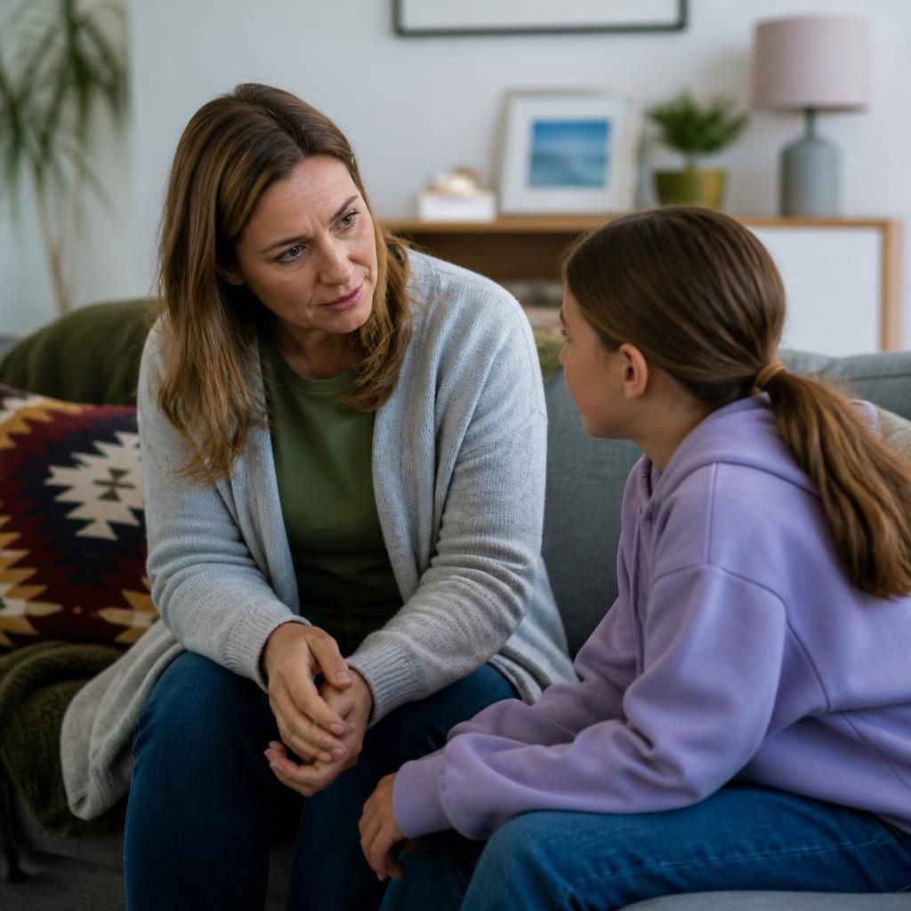 Foster carer speaking with a child at home