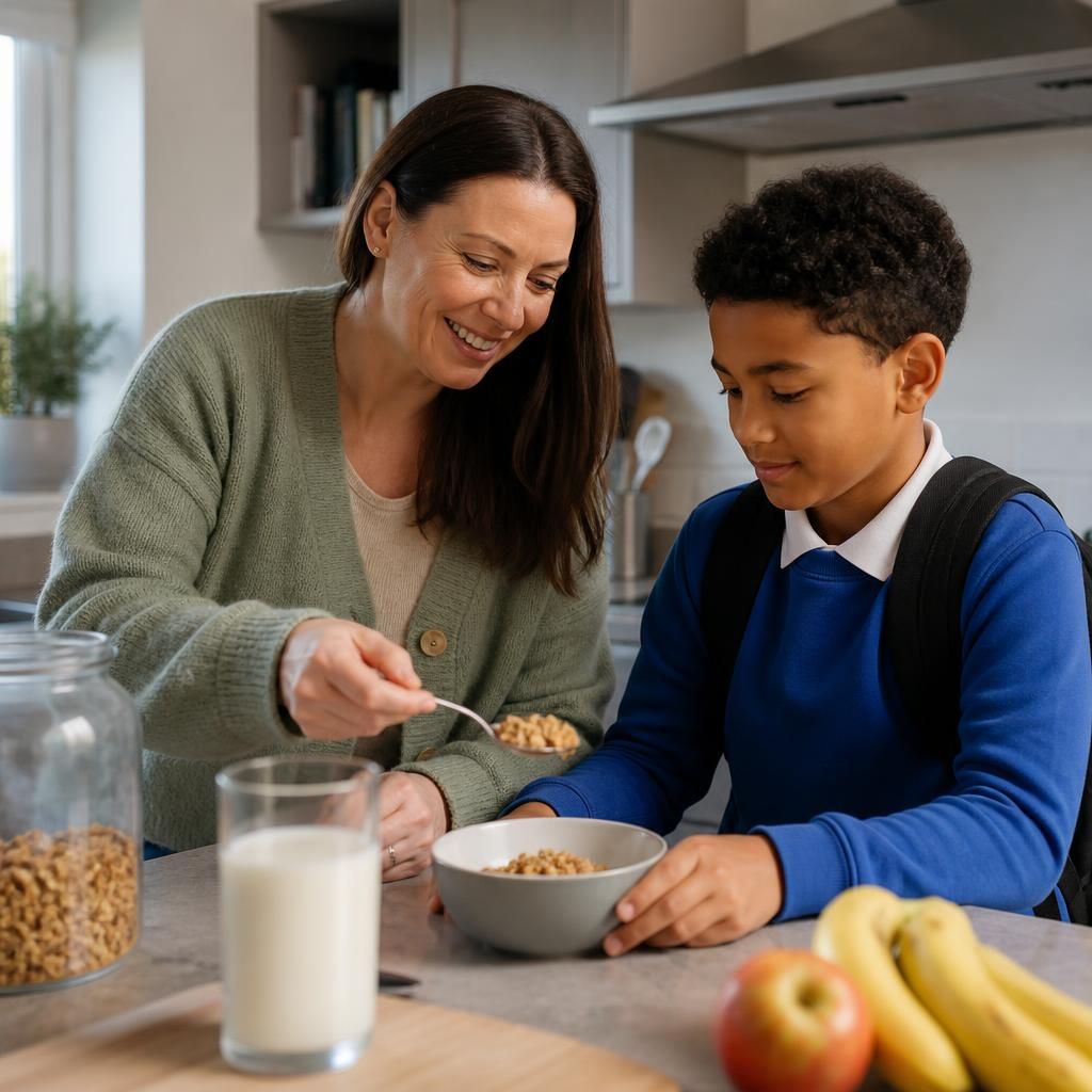 Foster carer and child preparing breakfast together in a family kitchen