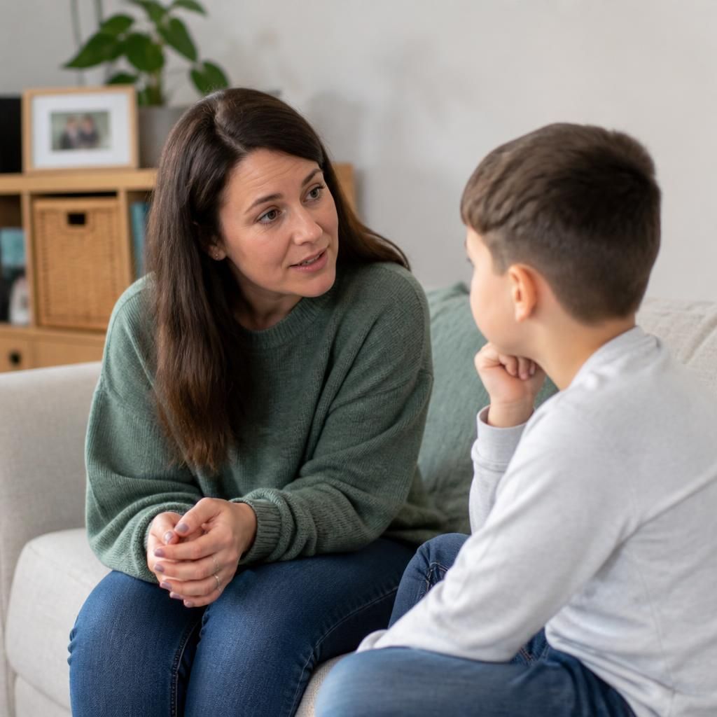Foster carer talking with a child at home