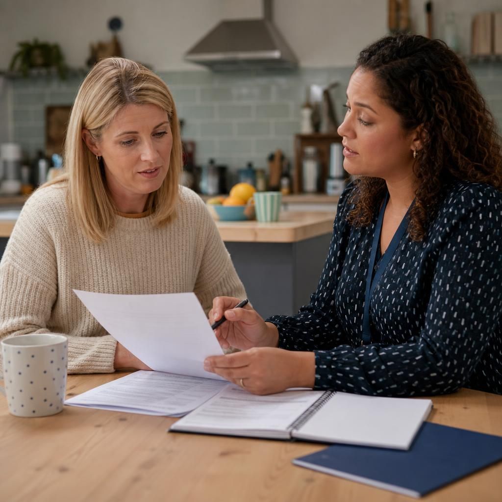 Prospective foster carer reviewing application documents with a social worker at a kitchen table