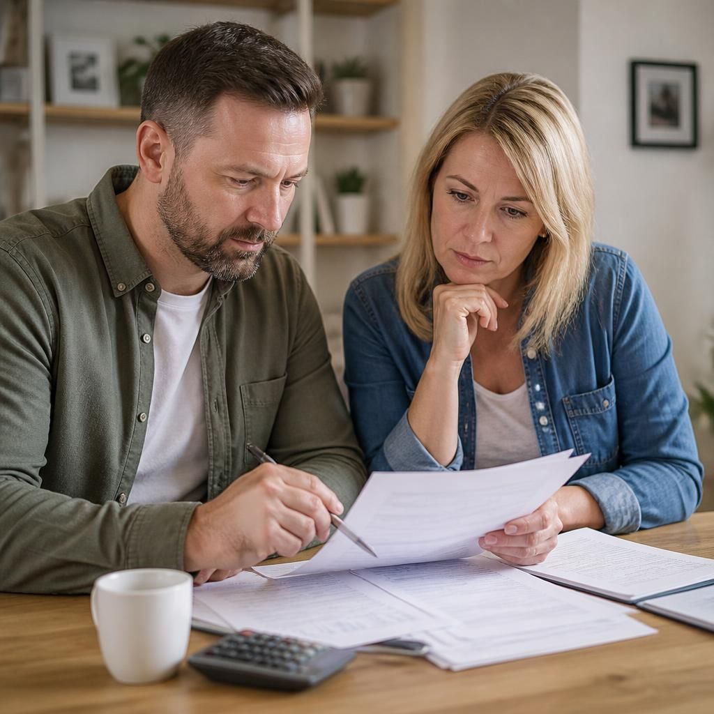 Two foster carers reviewing payment records and tax documents at a table