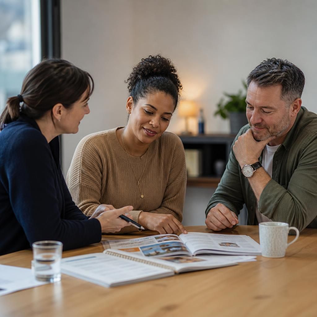 Foster carers discussing training materials around a table with a trainer