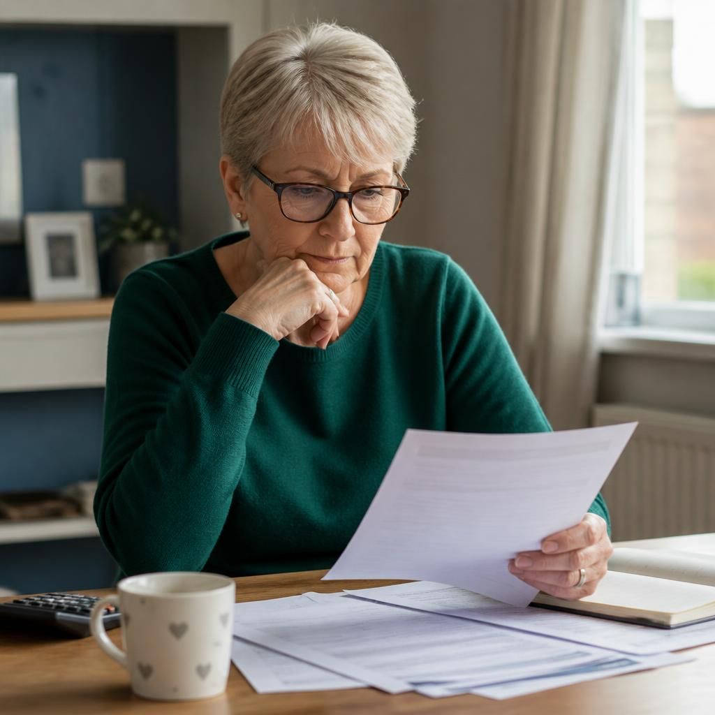 Grandparent reviewing kinship care payment paperwork at a table