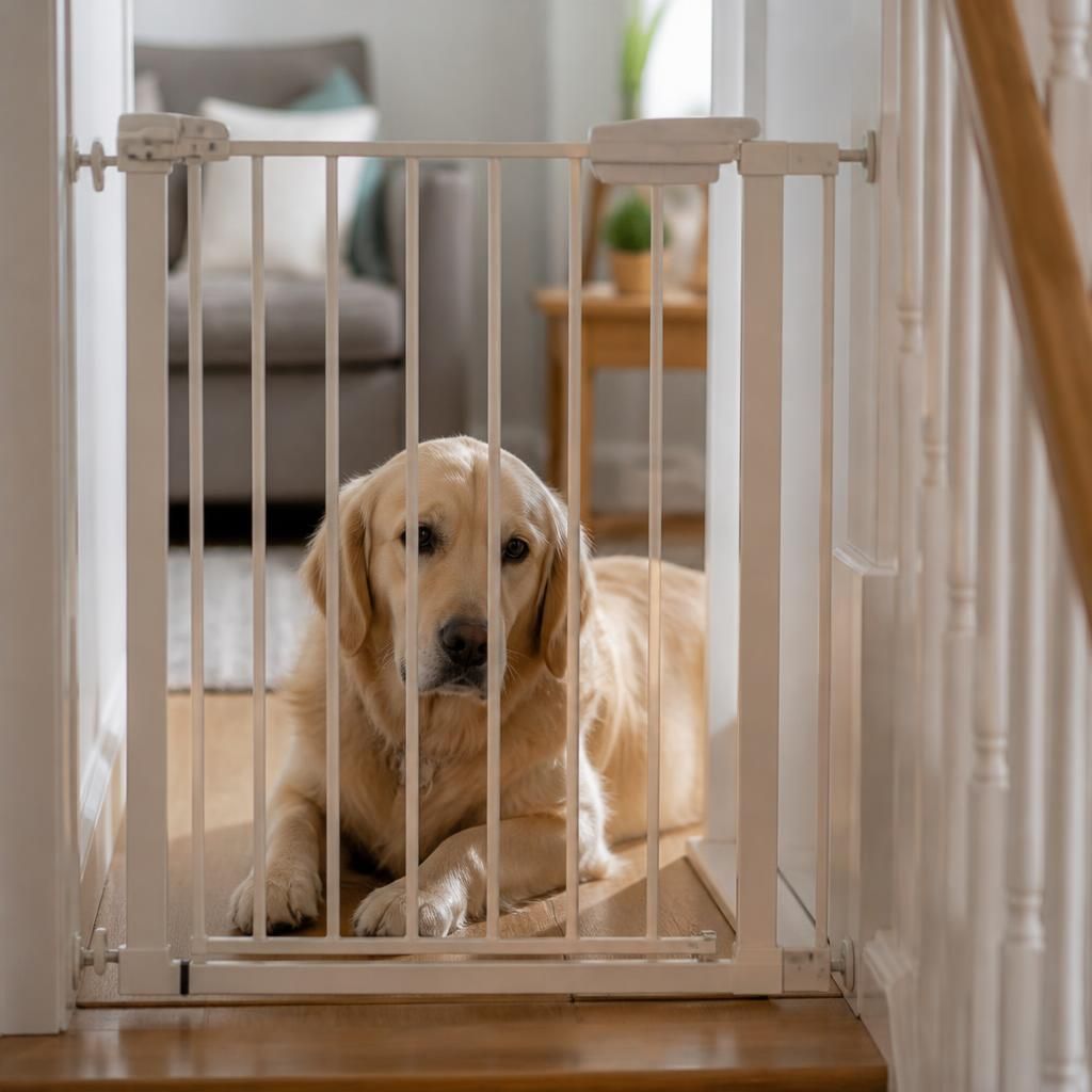 Family dog resting behind a stair gate in a home