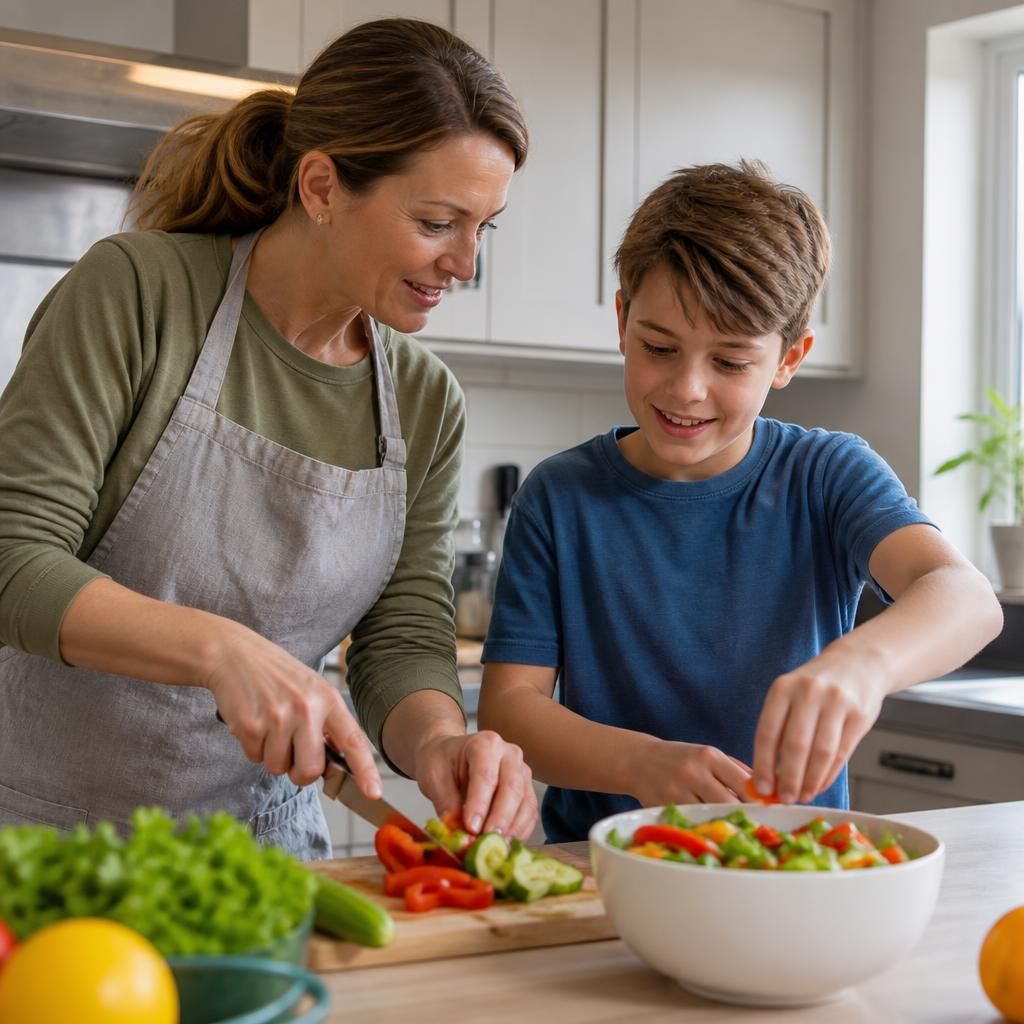 Foster carer and child preparing a meal together at home
