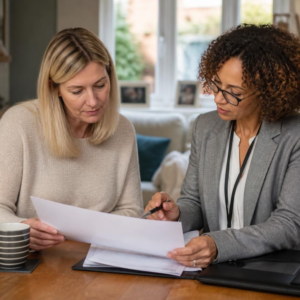 Prospective foster carer reviewing assessment paperwork with a social worker