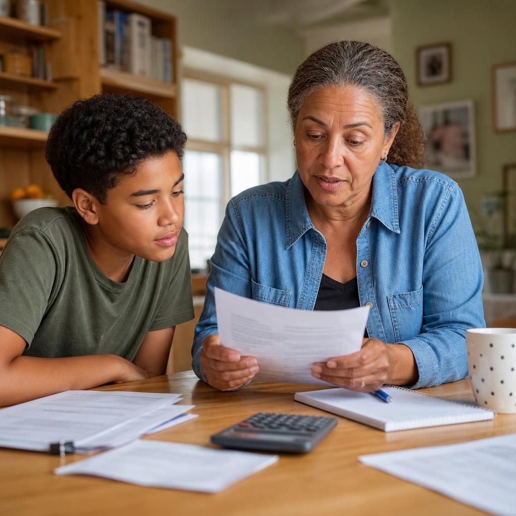 Kinship carer reviewing household finances with a child at home