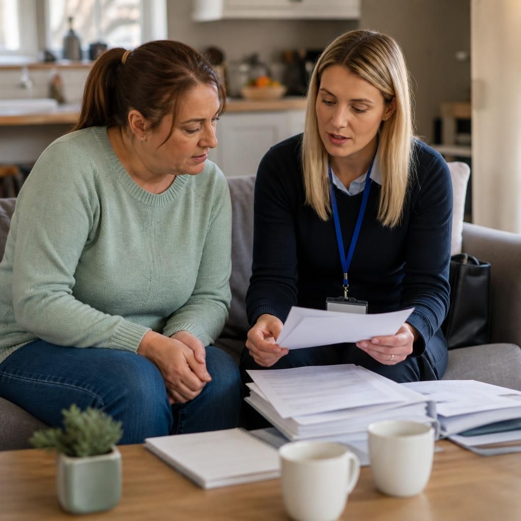 Foster carer reviewing assessment documents with a social worker