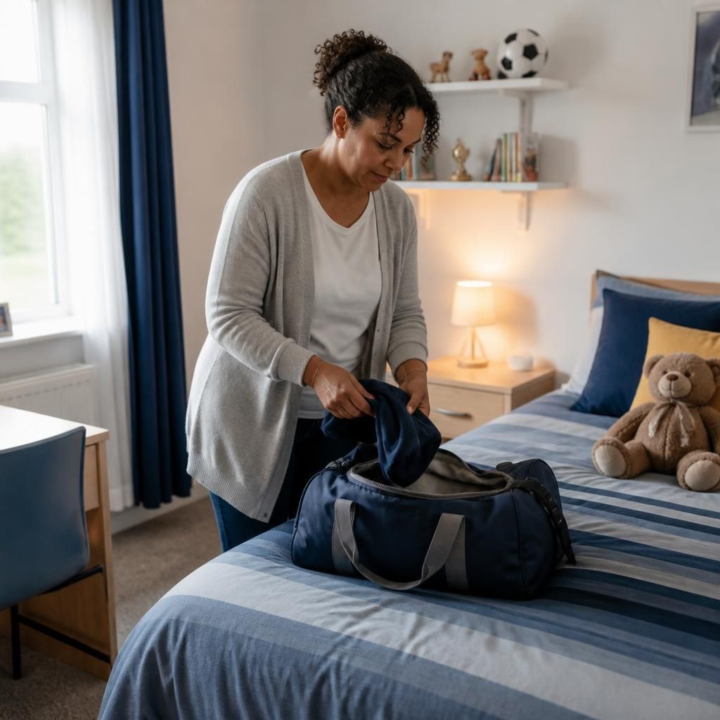 Foster carer arranging a child’s belongings in a bedroom after arrival