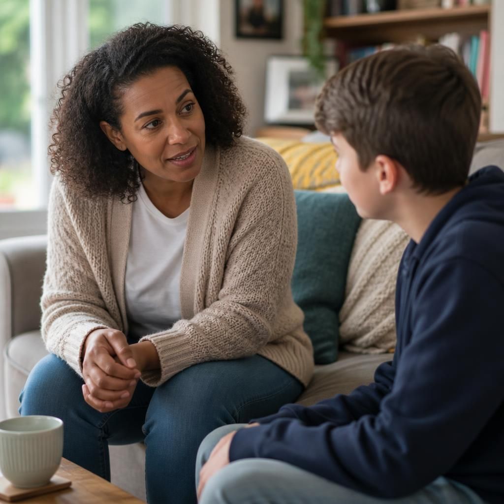 Foster carer talking with a child in a family home