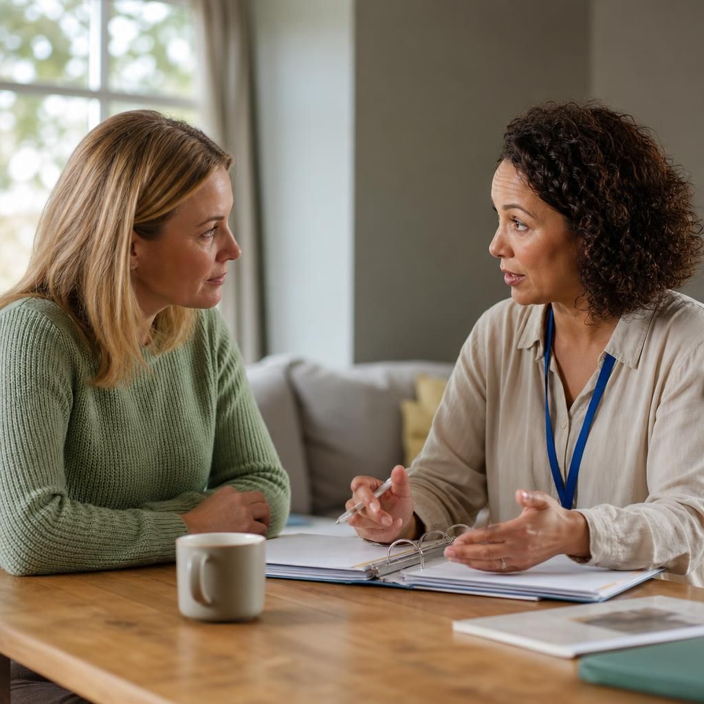 Foster carer discussing placement information with a social worker