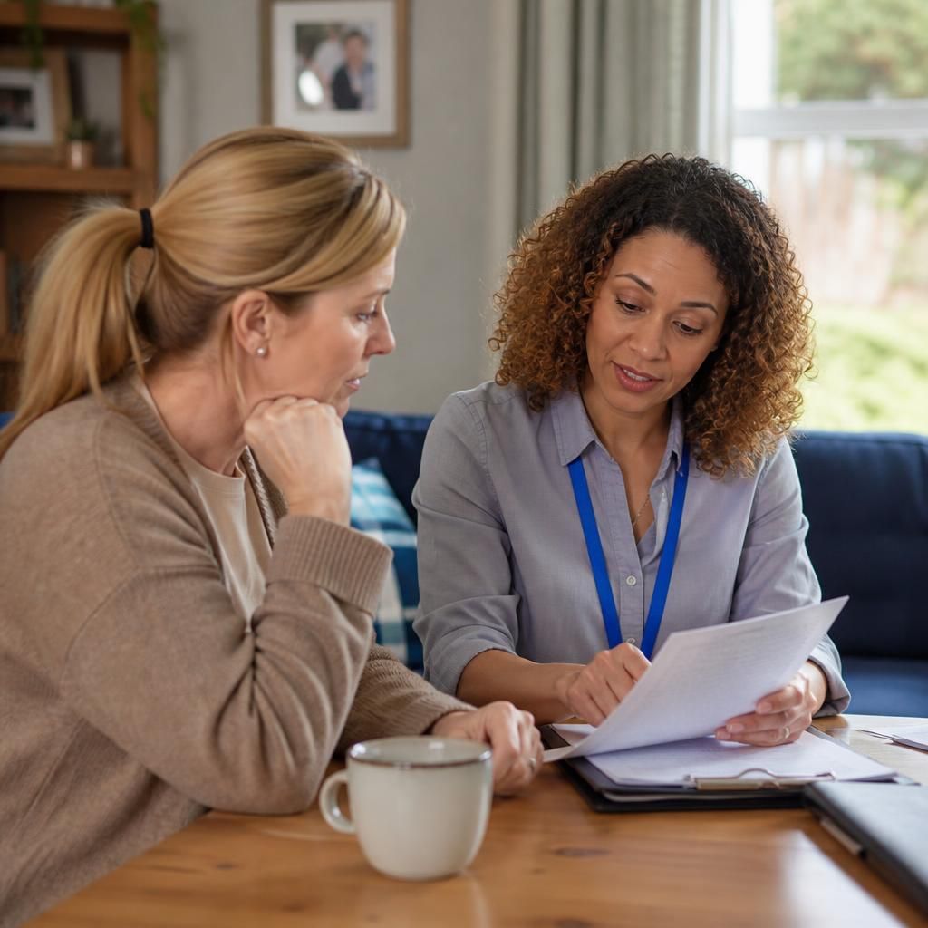 Foster carer discussing a child's care plan with a supervising social worker