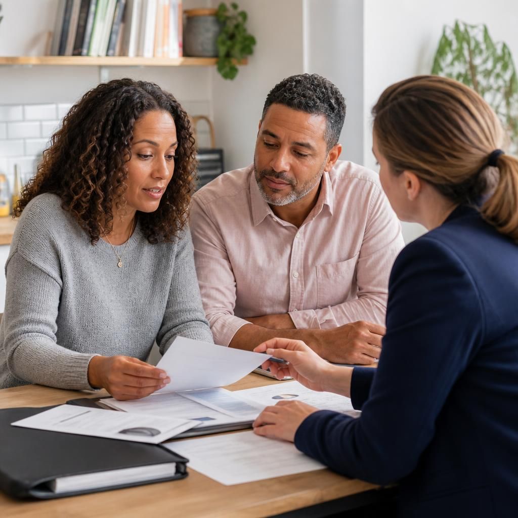 Parents reviewing adoption support documents with a social worker