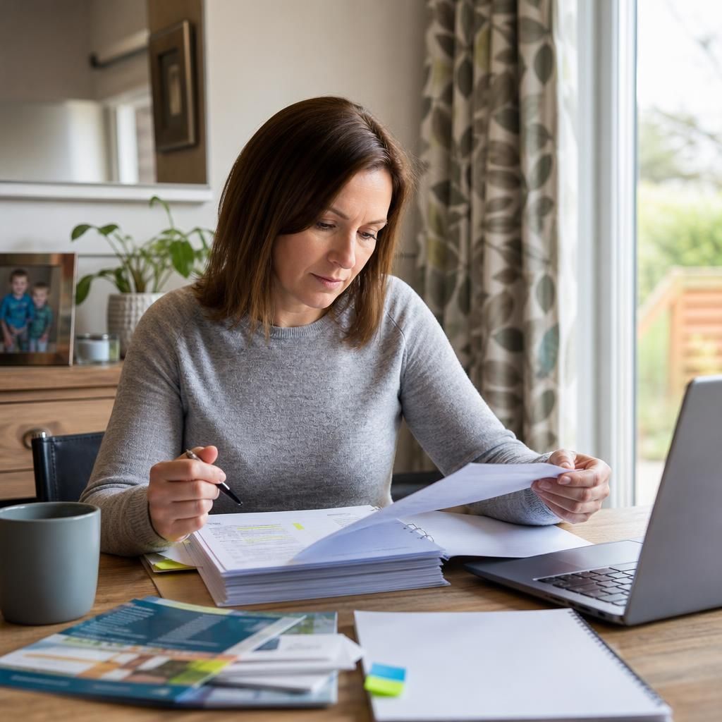 Foster carer reviewing training notes and care documents at a table