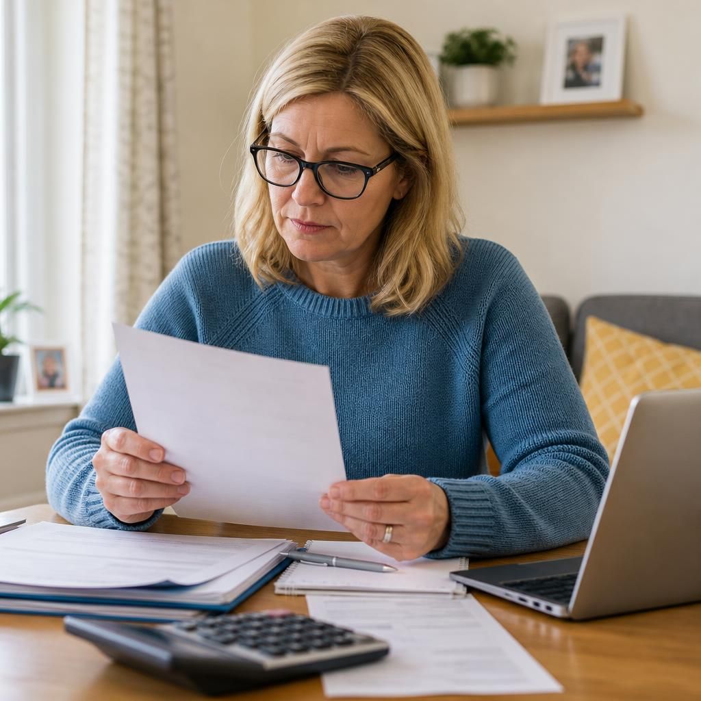 Foster carer reviewing council tax paperwork and fostering payment records at home