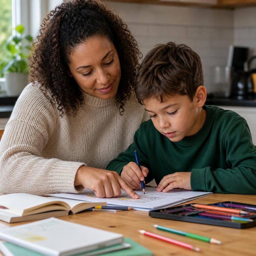 Adult helping a child with a creative learning activity