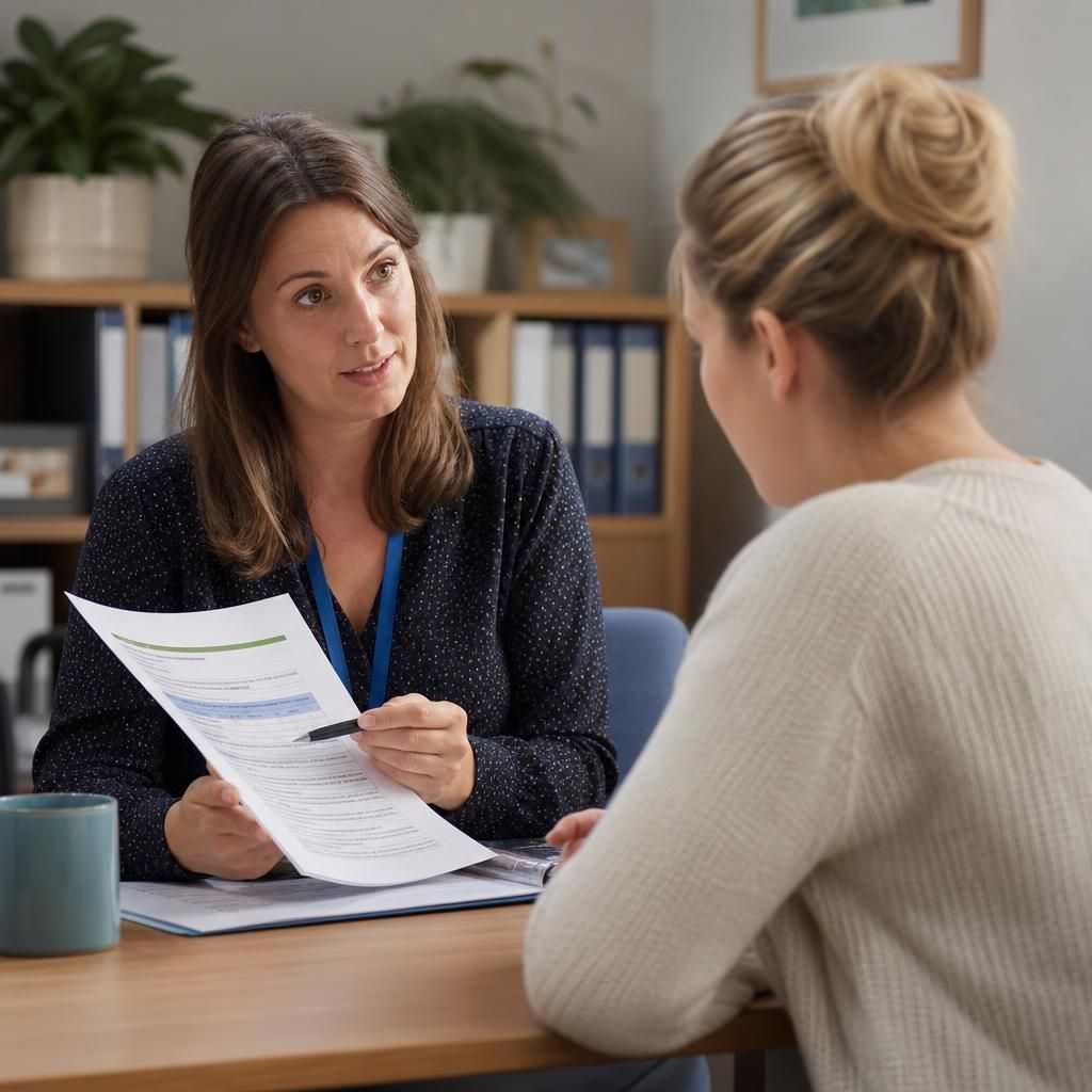 Prospective foster carer discussing assessment documents with a social worker