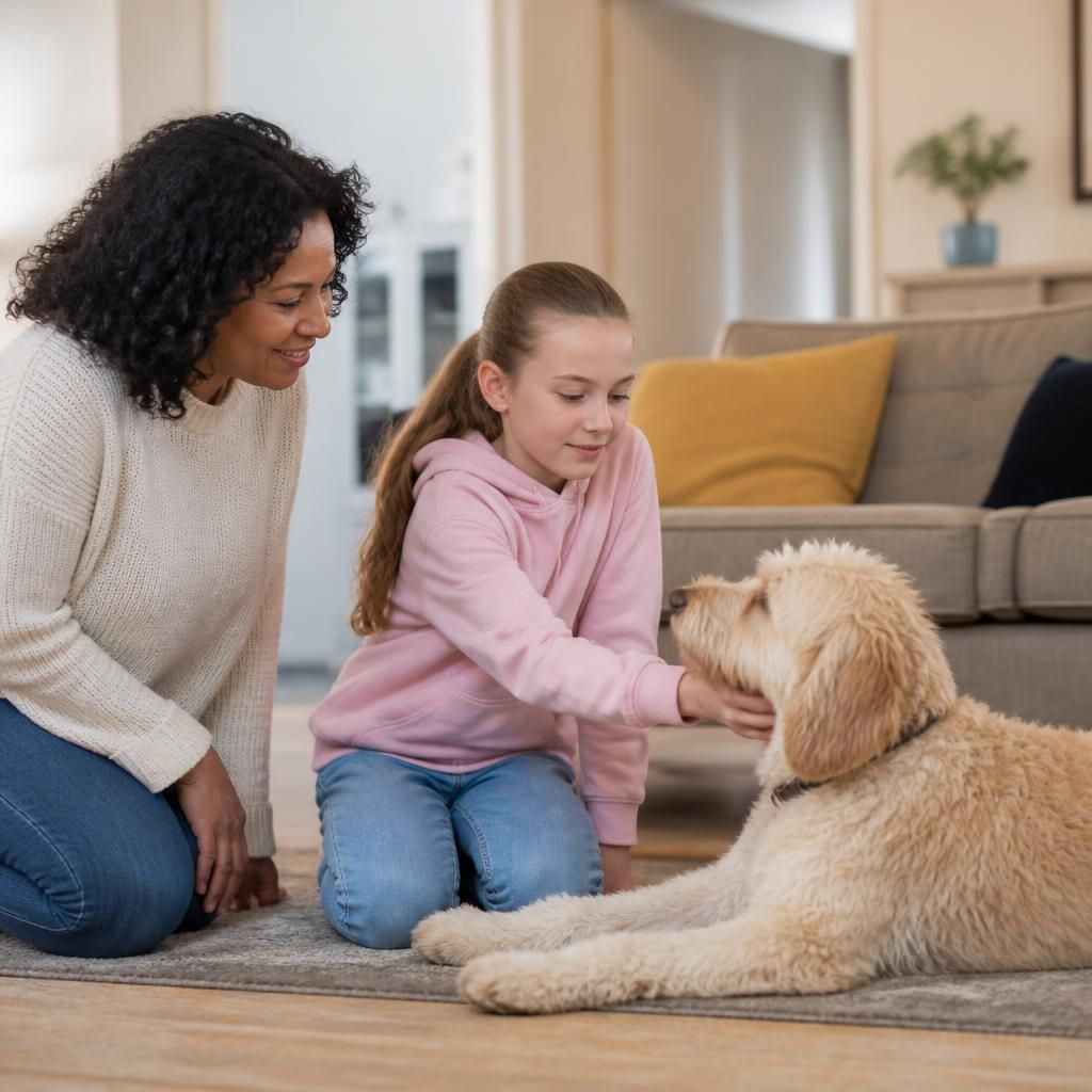 Foster carer supervising a child as they gently meet a family dog