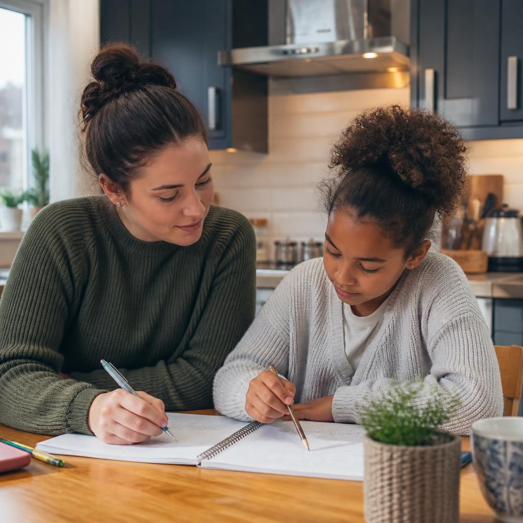 Foster carer and child completing an activity together at a kitchen table