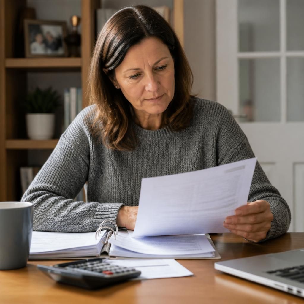 Foster carer reviewing pension documents and financial statements at a table