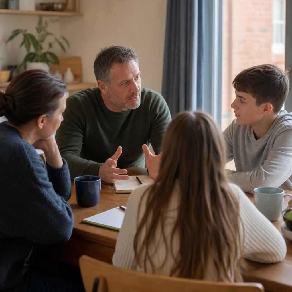 Foster family talking together around a table