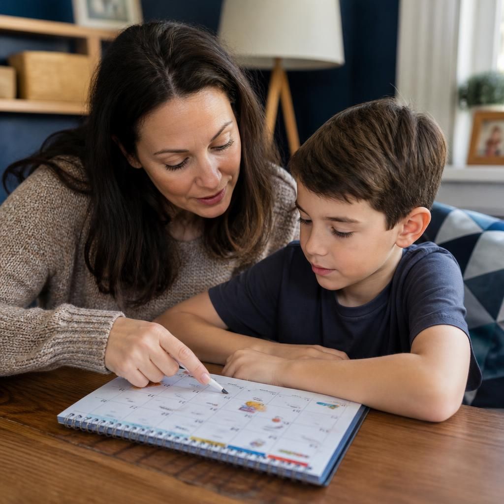 Foster carer and child discussing a calendar for a planned respite stay