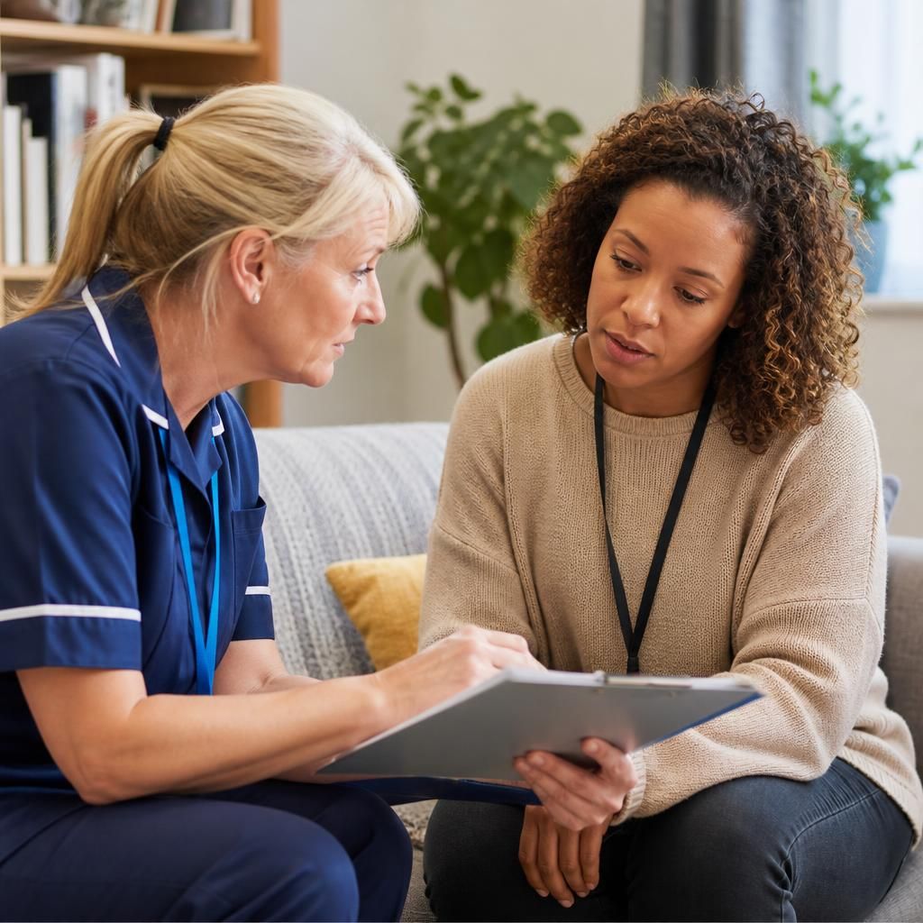 Foster carer reviewing a child's emergency care plan with a healthcare professional