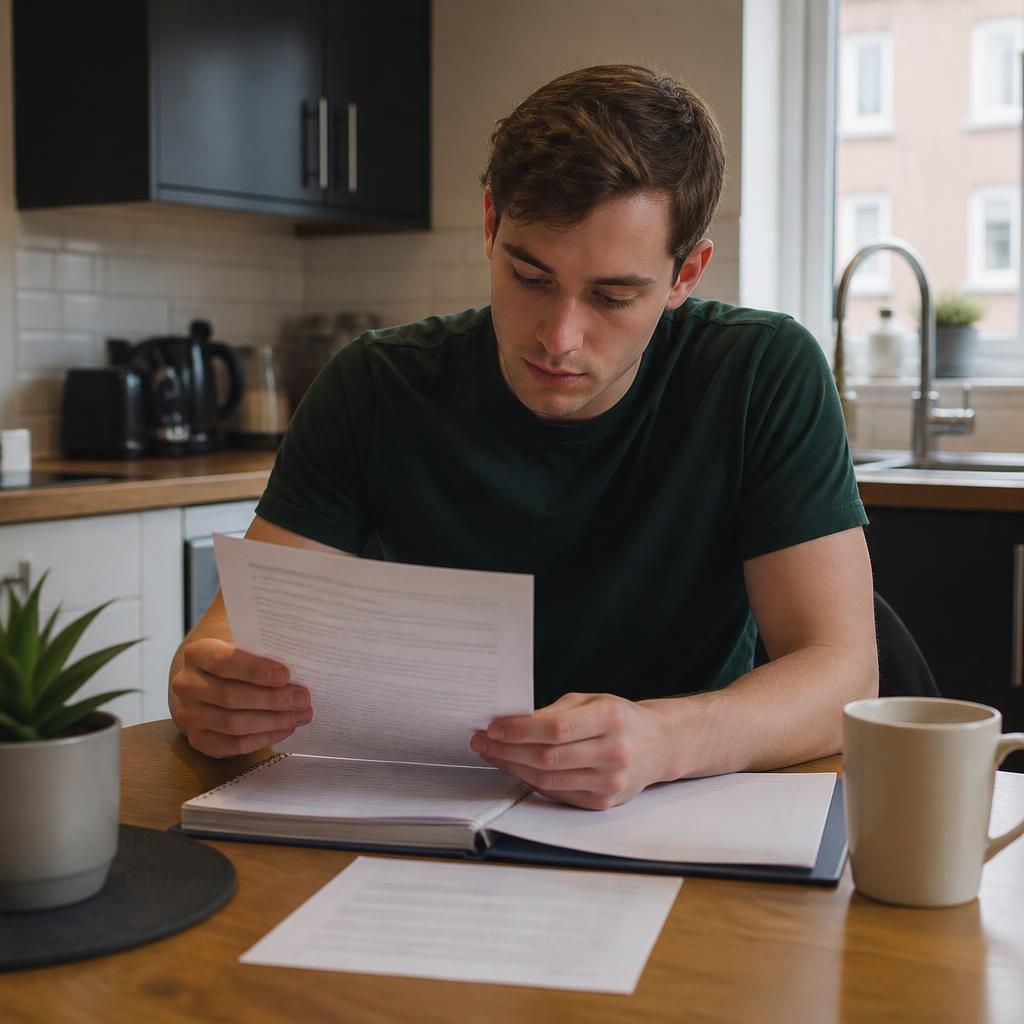 Young adult reviewing a tenancy agreement at a kitchen table