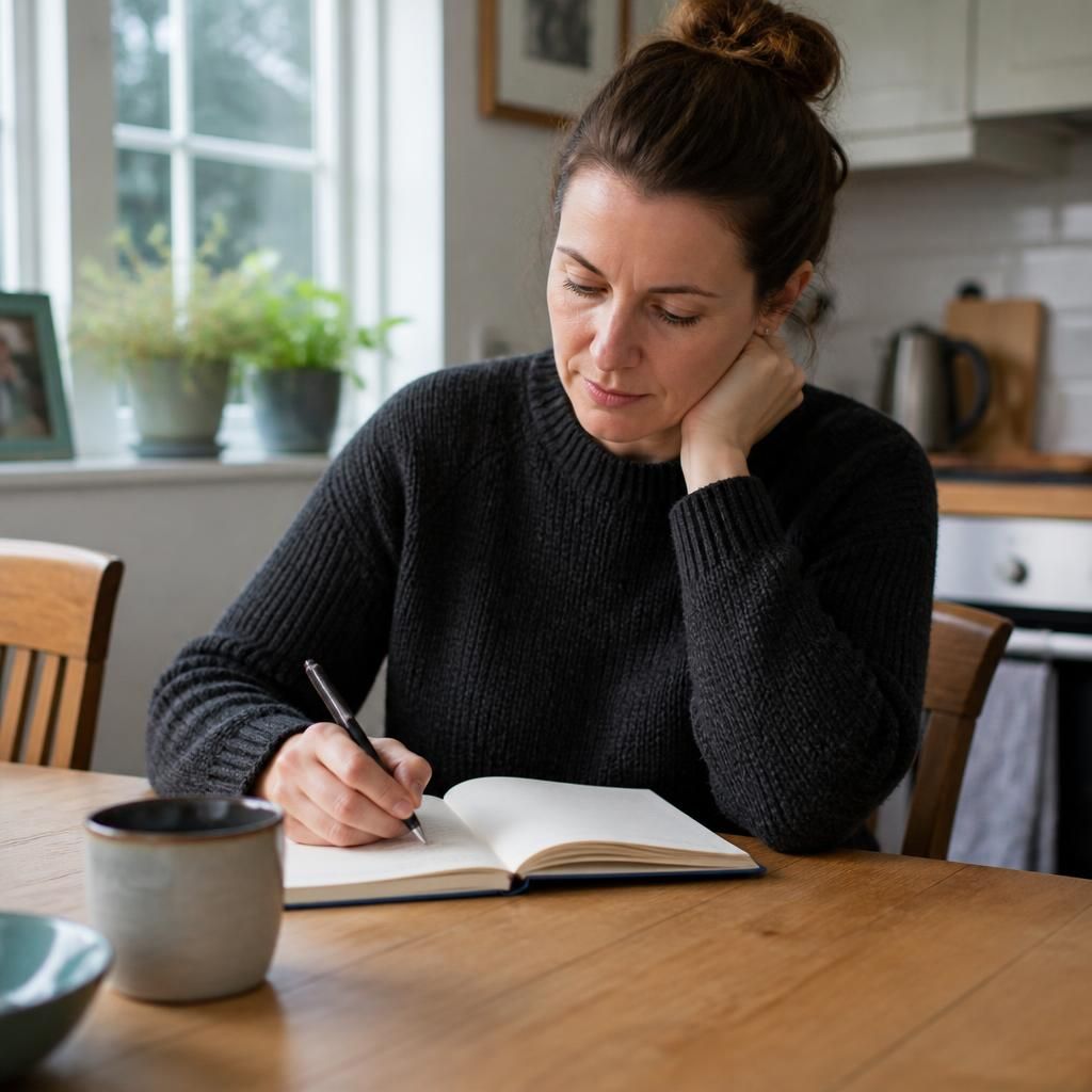 Adult writing in a journal at a kitchen table