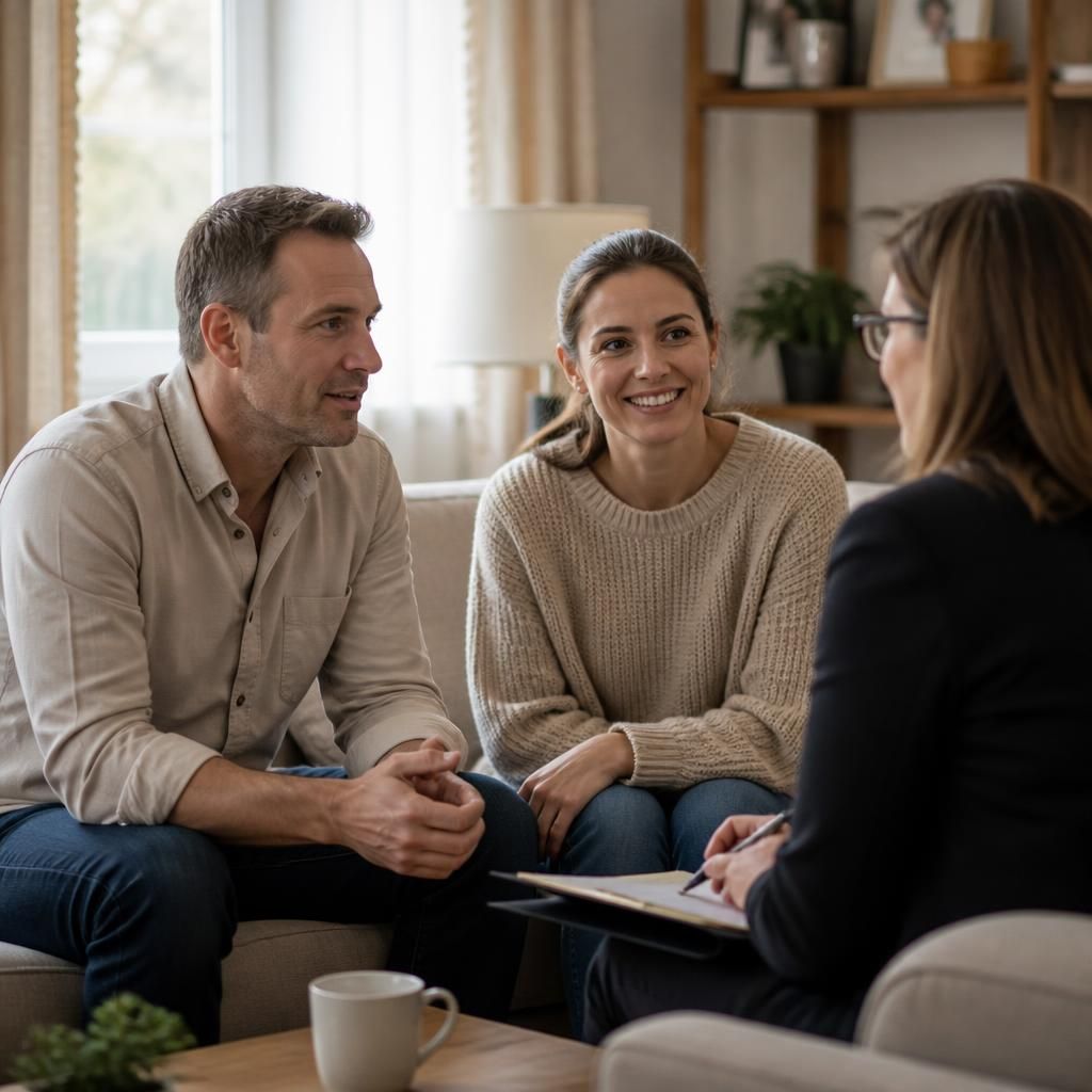 Couple speaking with a fostering adviser at home