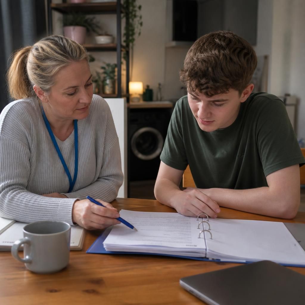 Support worker and young person reviewing a housing plan at a table