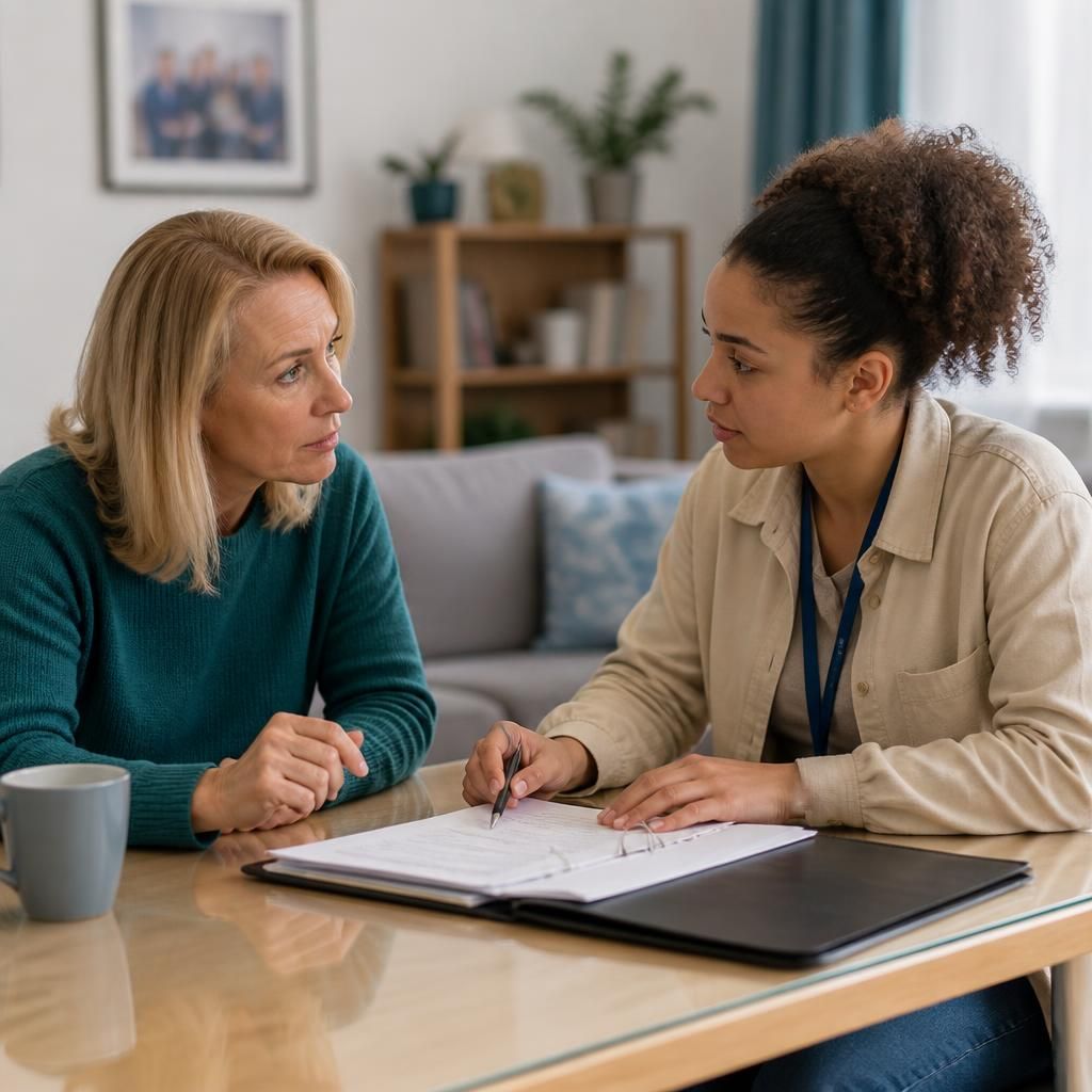 Foster carer discussing a child's care plan with a social worker
