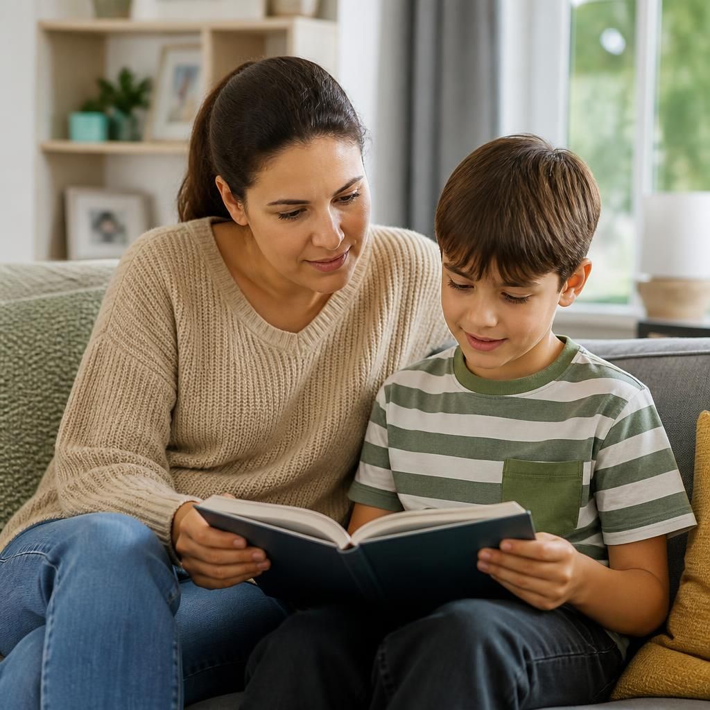 Foster carer reading with a primary-school-aged child