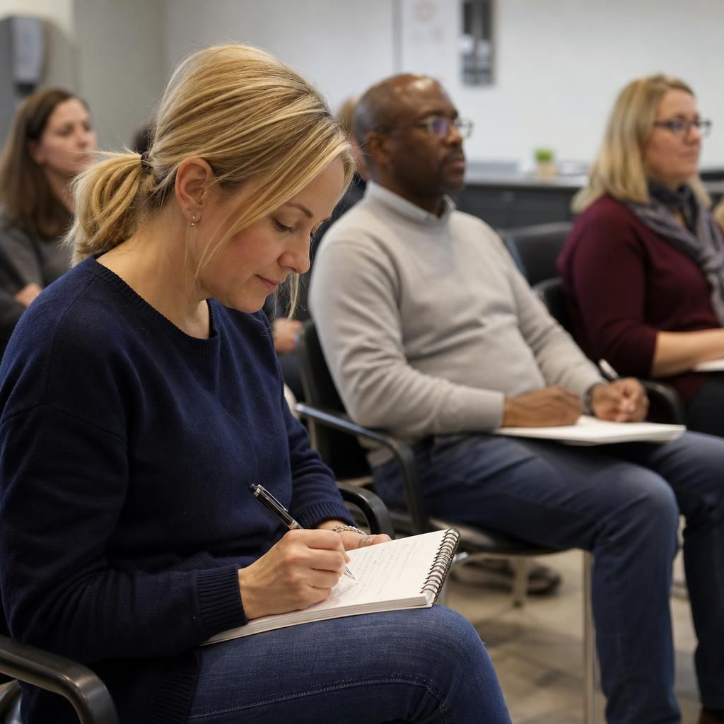 Foster carer taking notes during a training session